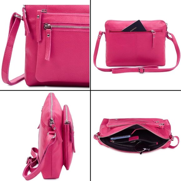 Women Hot Pink Imported Leather Polyester Crossbody Sling Shoulder Crossover Bag - Picture 6 of 6